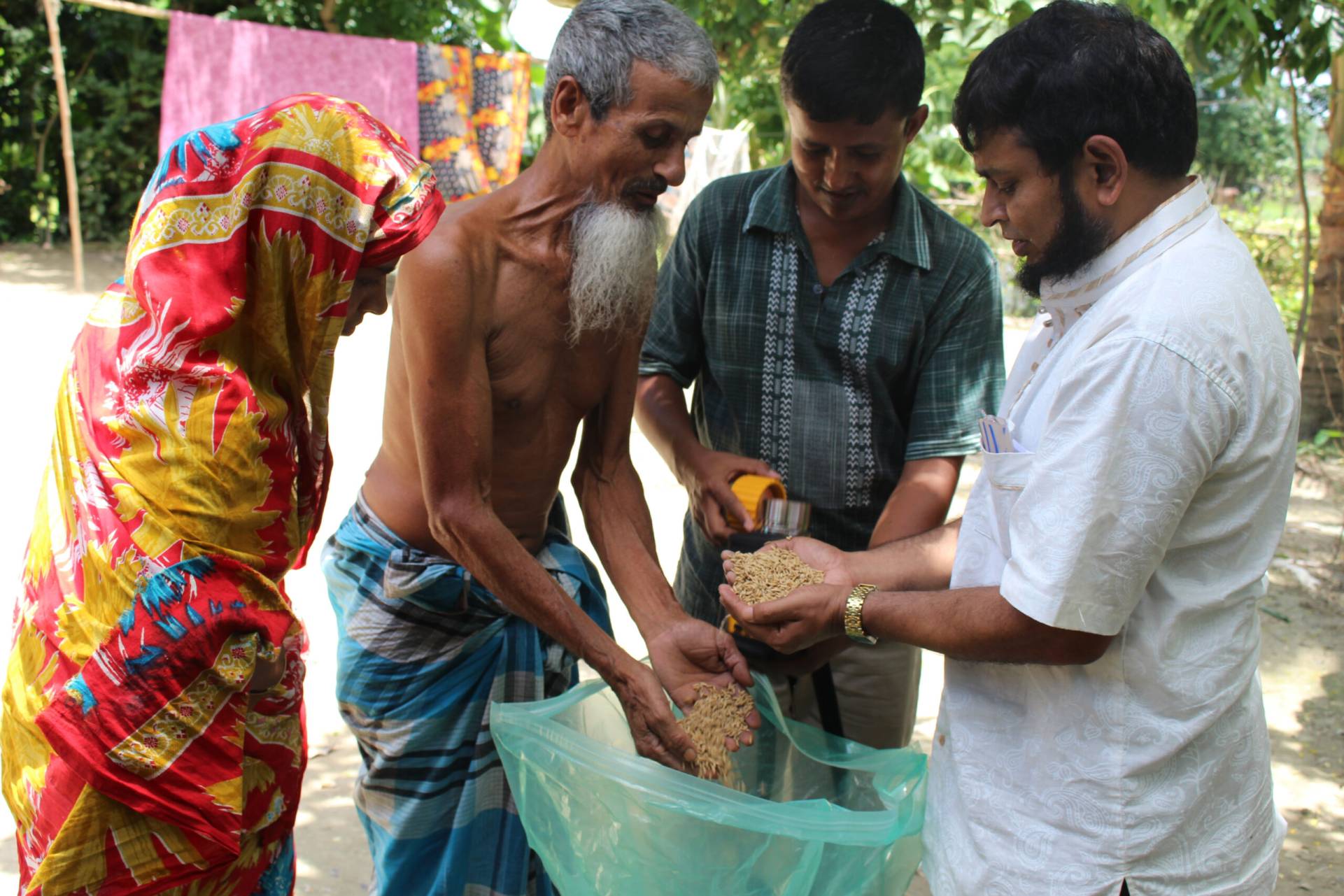 Farmers looking at grain in a hermetic bag